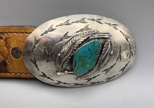 Vintage Navajo Sterling Silver Belt Buckle Feather Turquoise Signed Louis Begay picture