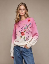 $398 NWOT Johnny Was Cashmere Blend Dip Dye Embroidered Sweater Pink Size M picture