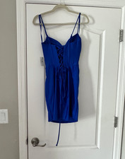 Windsor Women's M Regular Blue Solid Mini Short Dress Spaghetti Straps Tie picture