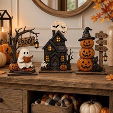 3Pc Halloween Decor Set Haunted House Ghost Pumpkin Tabletop Statue Centerpiece picture