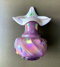 Fenton Purple Iridescent Art Glass Vase Hand Painted B.C. Wright Signed 10” picture