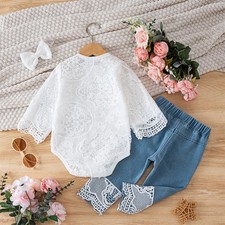 Newborn Infant Baby Girl Clothes Lace-patterned Top Denim-plaid Lace Pants Set picture