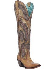 Corral Womens Yellow Denim Overlay Embroidery Studs Tall Top J Toe Boot NWT picture