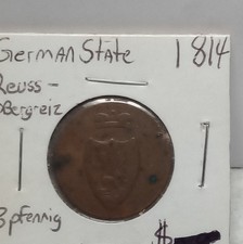 1814 German States Reuss-Bergeiz 3 Pfennig Copper Coin Pre-1871 picture