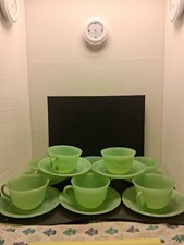 Lot of 8 Vintage Fire King Jadeite Alice Pattern Tea Cups and Saucers picture