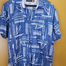Quicksilver Waterman SURFBOARD PADDLE Hawaiian Button Up Mens Shirt L Blue picture