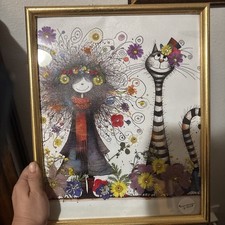 Whimsical Girl & Cat Mixed Media Floral Wall Art – Handmade Framed Decor picture