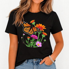 Vibrant Monarch Butterfly T-Shirt for Women - Spring Floral Design picture