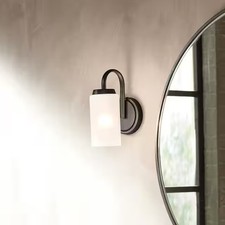 KICHLER Kennewick 1-Light Black Bathroom Wall Sconce Light Etched Glass 3023M picture