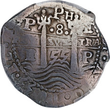 1655-PE POTOSI FELIPE IV SILVER COB 8 REALES KM-21, 25.76 GRAMS PCGS VF-30 picture