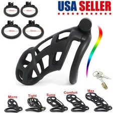 Male Chastity Cage Lock Device Kit W/ 4 Rings Virginity Device 5 Sizes Curve US picture