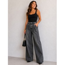 Tibi Pleated Wide Leg Jeans High Rise 27 Black Dark Gray Denim 28x28