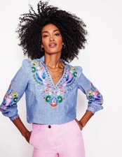 New Boden Grace Linen Top Chambray Embroidered Birds Womens Size 6 Sample picture