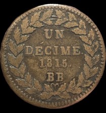 1815  France 1 Decime BB With Points.  KM# 701  F/VF Bronze Coin. picture