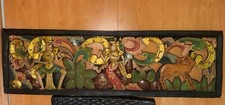 Vintage Balinese Wood Carved Panel 98x30cm Ramayana Hand Painted Temple Art Gol picture