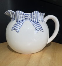 Vintage Haldon Group Blue Bow Ceramic Pitcher Ruffled Rim Cottage Chic Farmhouse picture