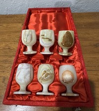 Vintage Hand-Carved Multi-Colored Banded Onyx Wine Goblets in Red Satin Case picture