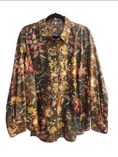 Talbots Plus Size 2X Olive Green Botanical Floral Long Sleeve Button-Down Blouse picture