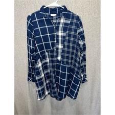 J. Jill Womens Navy Blue White Mixed Plaid Button Front Relaxed Top Medium picture