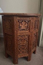 Vintage Carved Wood Hexagonal Folding Table Intricate Carvings 18.5 x 18.5 picture