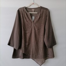 NWT Chico's Womens Brown Mixed Embroidered Overlay Popover Top Size 2 US L picture