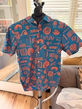 Vissla Men’s Small Blue Orange Graphic Print Short Sleeve Button-Up Shirt picture