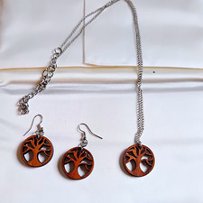 Tree of Life Wood Pendant Necklace & Hook Dangle Earrings Set Silver Brown picture