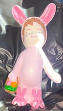 Vintage Ceramic Easter Kid in Pink Bunny Suit Figurine Hand Painted Kitsch AL picture