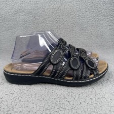 Clarks Womens Shoes Leisa Cacti Q Black Leather Slip On Hook Loop Sandals Size 8 picture