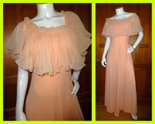 Vtg 1970s Peach Jersey knit Cape Pleated Ruffle Chiffon Boho Wedding maxi Dress picture