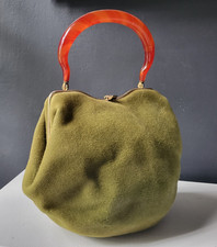 VINTAGE EMPRESS OLIVE GREEN WOOL SMALL HANDBAG with BAKELITE LUCITE HANDLE picture