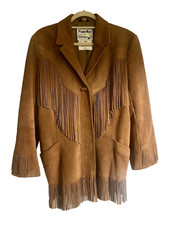 Vintage 1970s Pioneer Wear Leather Coat Suede Jacket w Fringe Size 10 USA picture