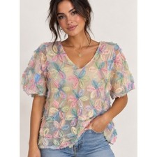 Umgee Pastel Multicolor Floral Sheer V-Neck Blouse picture