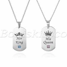 2pcs Unique His Queen/Her King Stainless Steel Zirconia Pendant Chain Necklace picture