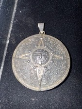 vintage HECTOR AGUILAR Taxco STERLING  PUFFY Aztec MAYAN sun CALENDAR pendant Lg picture
