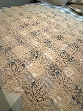 Vintage Handmade Beige Crochet Lace Floral table cloth 48x70 oval picture