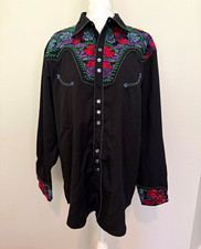 Scully Men's Western Floral Embroidered Black Button-Up Shirt L Long Sleeve picture