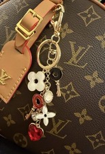 Luxury-Inspired Gold Tone Bag Charm Keychain Red Heart Floral Pendant picture