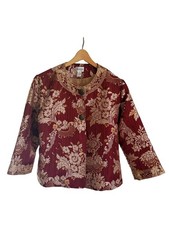 Chico's Maroon Jacket with Gold Floral Embroidery, 3/4 Sleeve picture
