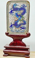 VINTAGE MINIATURE CHINESE CLOISONNÉ ENAMEL TABLE SCREEN  BLUE DRAGON  WOOD STAND picture