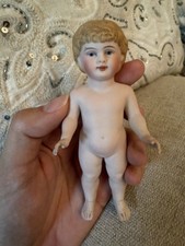 Antique 6.25” Bisque Frozen Charlie Doll Painted Eyes Molded Blond Hair picture