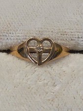 Vintage PPC 10k Yellow Gold Child's Ring Size 3 Heart Cross Clear Stone Petite picture