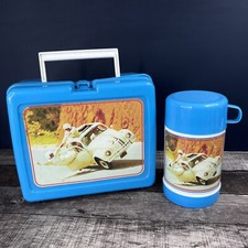 Vintage Herbie The Love Bug Volkswagen Blue Plastic Lunchbox w/ Thermos RARE picture