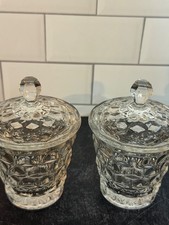 2 Fostoria American Covered Jam Pots with Lids, Vintage Elegant Glass 442 picture