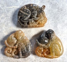 Set of Three Fengshui Chinese Carved Jade Monkey and Rat Amulet Pendants picture