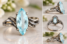 Vintage Sterling Silver Marquise Pale Blue Gemstone Ring Aquamarine Style picture