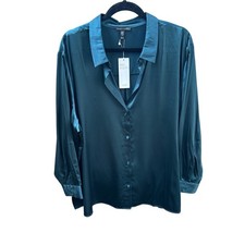Eileen Fisher 3X Alpine Green Stretch Silk Charmeuse Classic Collar Shirt NWT picture