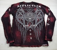 Affliction Long Sleeve Shirt Red Distressed Live Fast Cross Wings USA Made Men M picture
