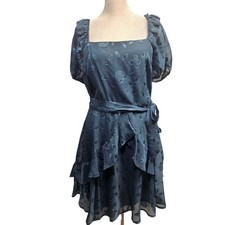 Trixxi Blue Floral Burnout Ruffle Mini Dress Square Neck Puff Sleeve NWT Size M picture