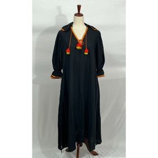 ELEVEN March 11 Sz. S Small Black Linen Orange Yellow Trim Tassels Midi Dress picture